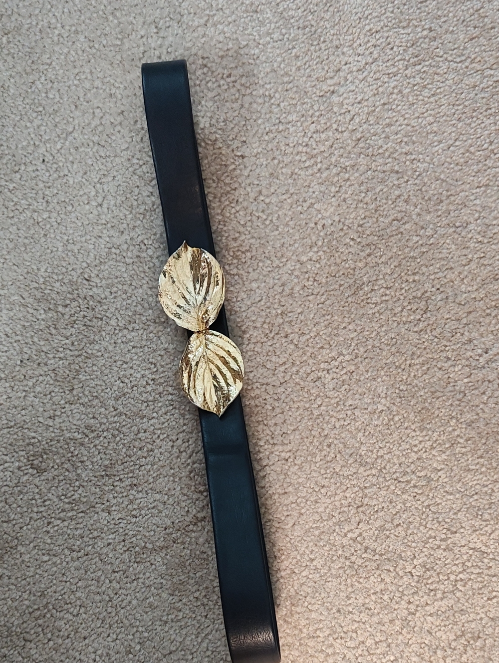Vintage Black Leather Belt with Gold Leaf Accent